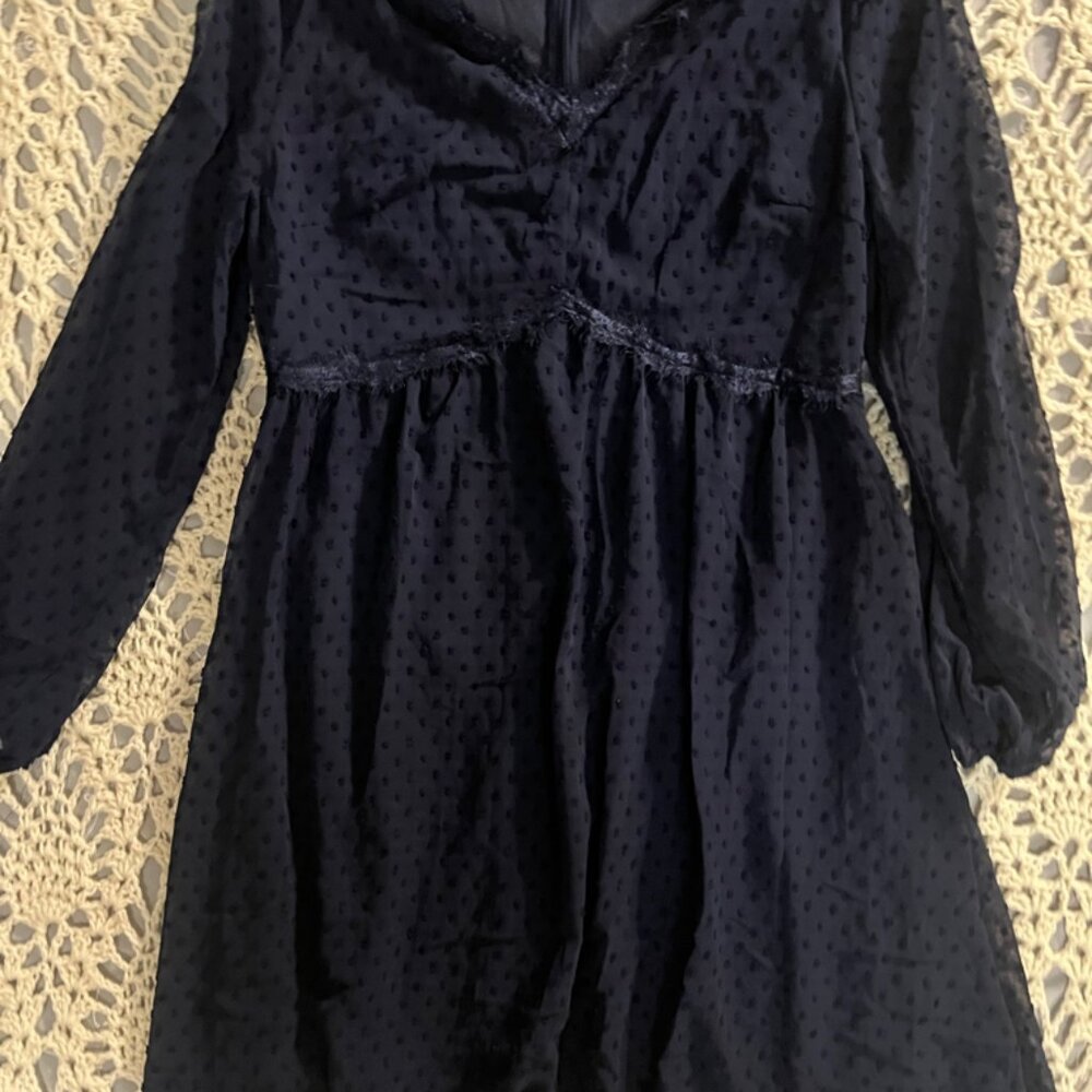 JASAMBAC Large Swiss Dot Midi Dress Navy‎ Blue Sheer Long Sleeve C08